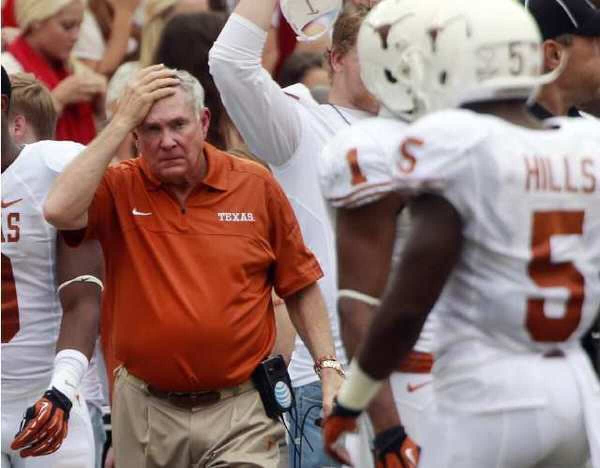 Texas Coach Mack Brown on the sideline during the game against Oklahoma.