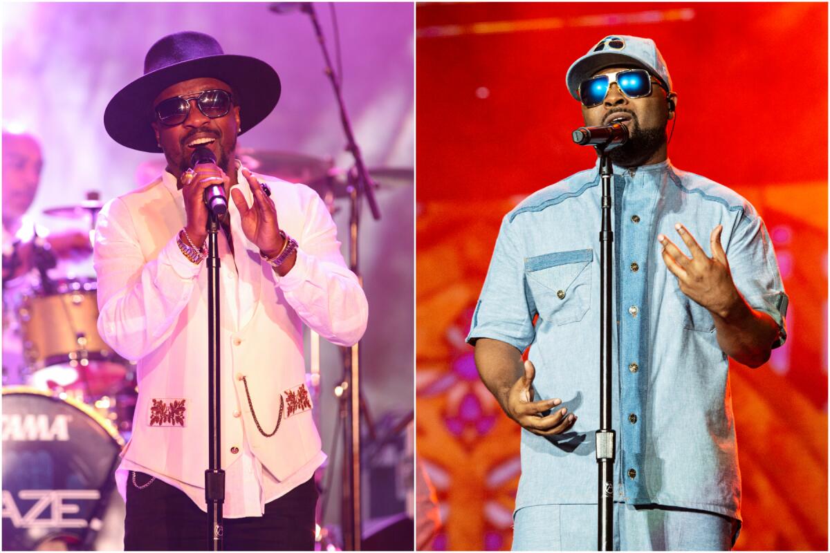 A split image of Anthony Hamilton, left, and Musiq Soulchild singing into microphones.