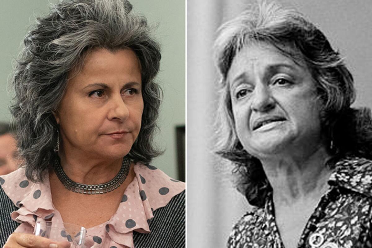 Tracey Ullman, left, as Betty Friedan in "Mrs. America," and the real Betty Friedan in 1970.