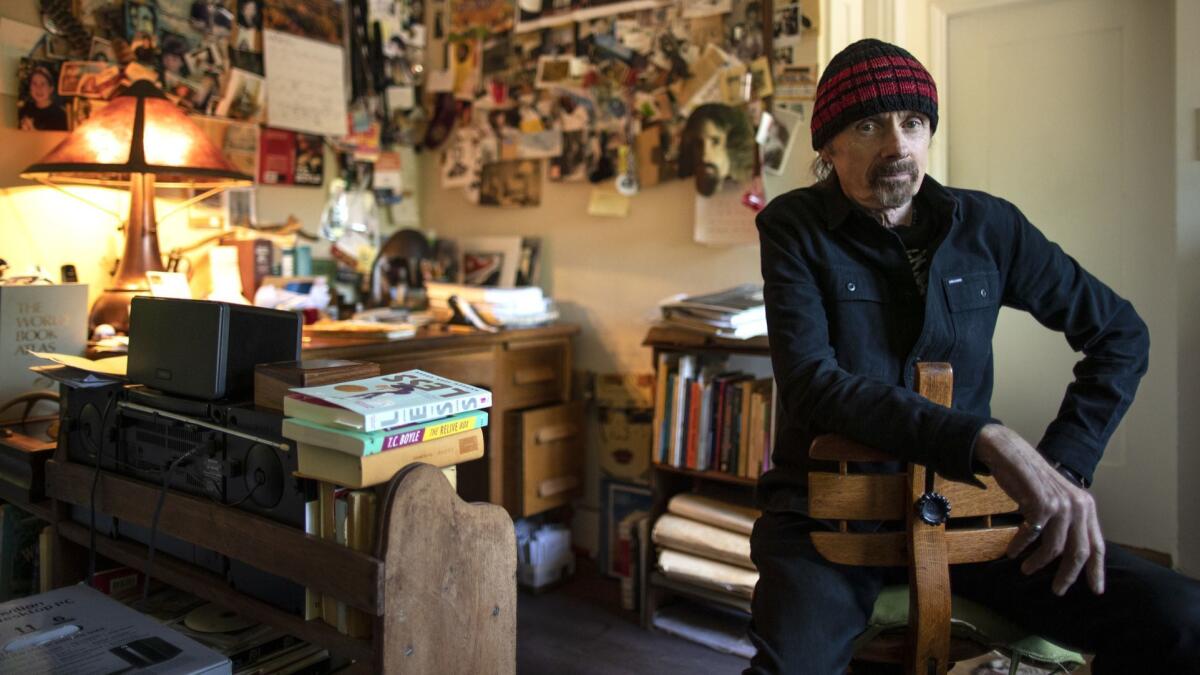 Novelist T. C. Boyle in his upstairs writing space at his home in Montecito, Calif., on March 26, 2019.