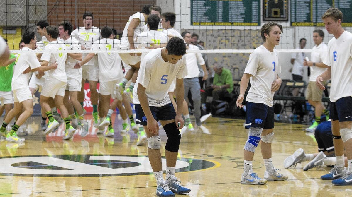 NEWPORT BEACH, CA, May 26, 2016 -- The Corona del Mar High Sea Kings lose in three sets to Mira Costa in the CIF Southern California Regional Division I title match at Edison High on Saturday. (Kevin Chang/ Daily Pilot)