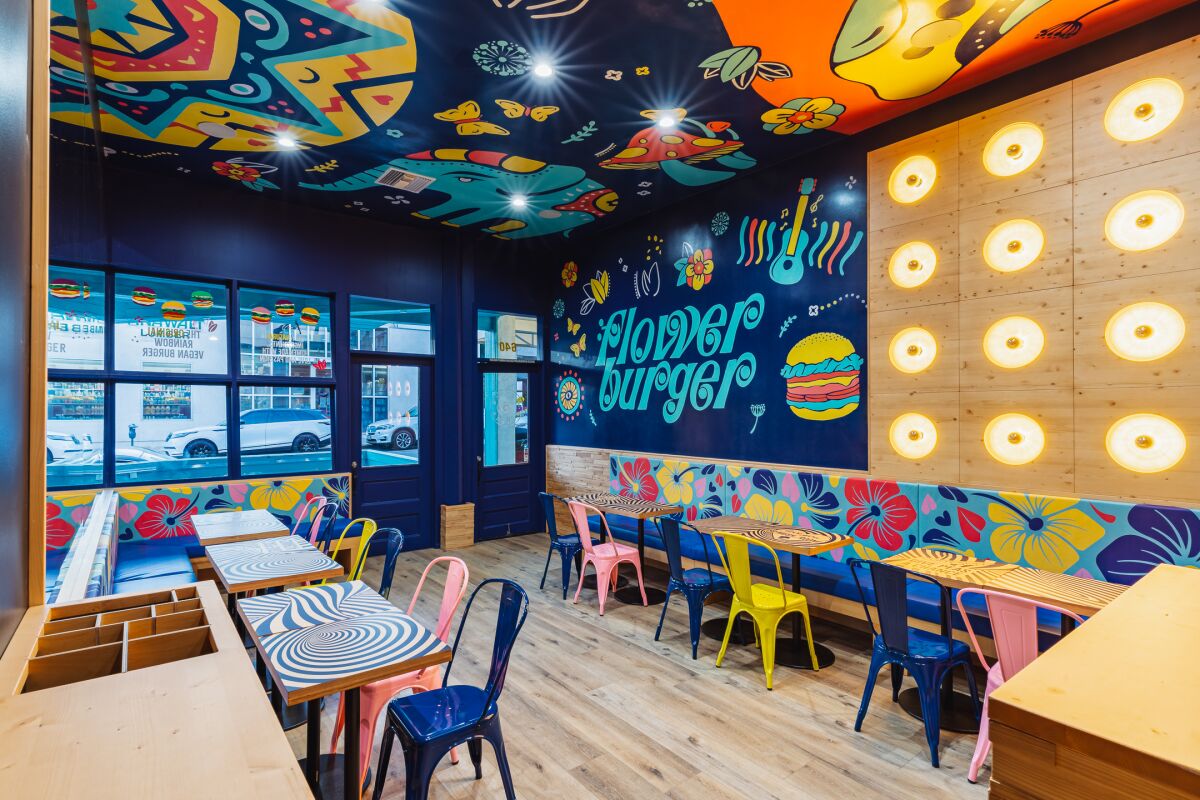 An interior shot of colorful Flower Burger 