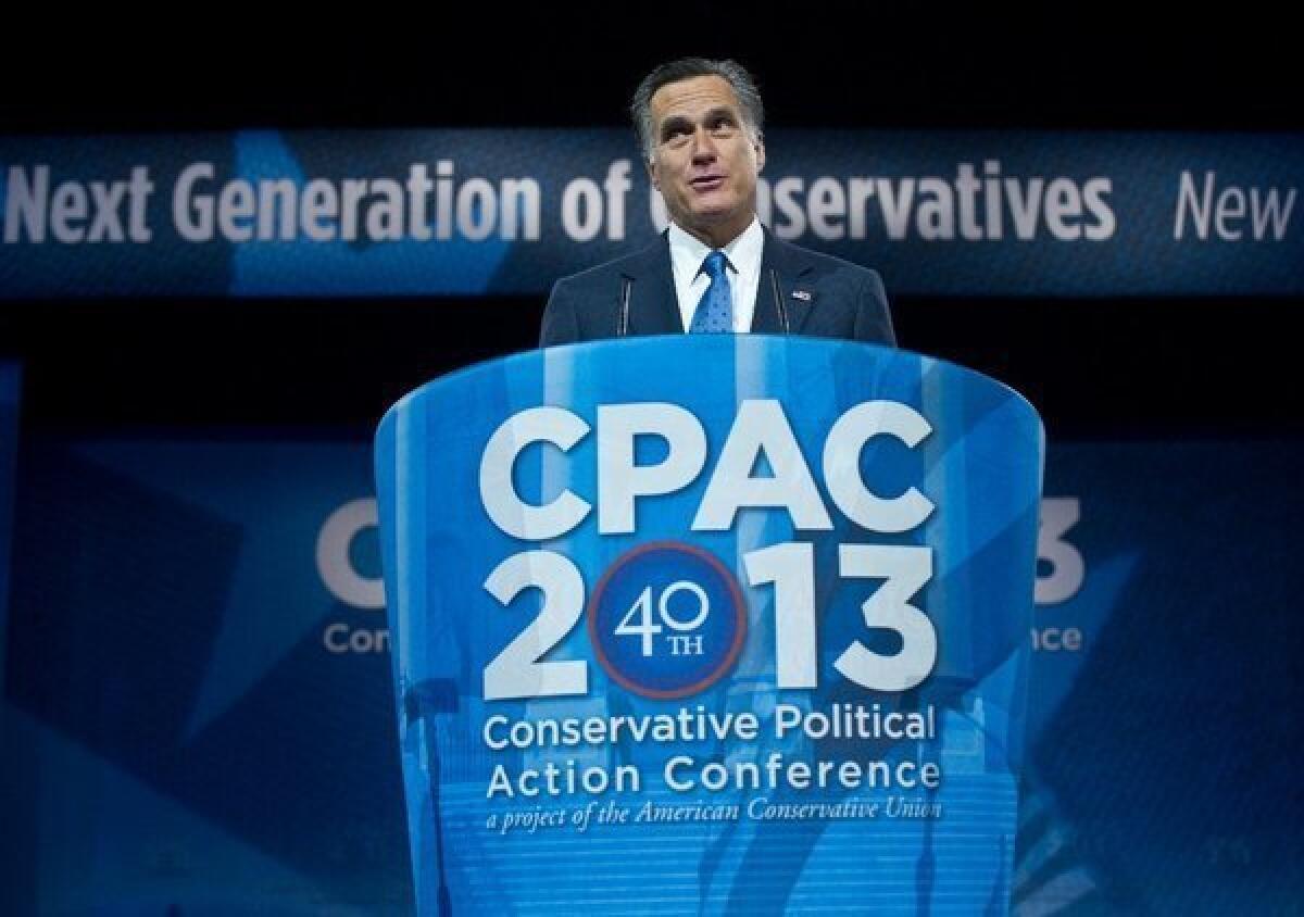 Former Republican presidential nominee Mitt Romney speaks at the Conservative Political Action Conference in National Harbor, Maryland, on March 15, 2013.