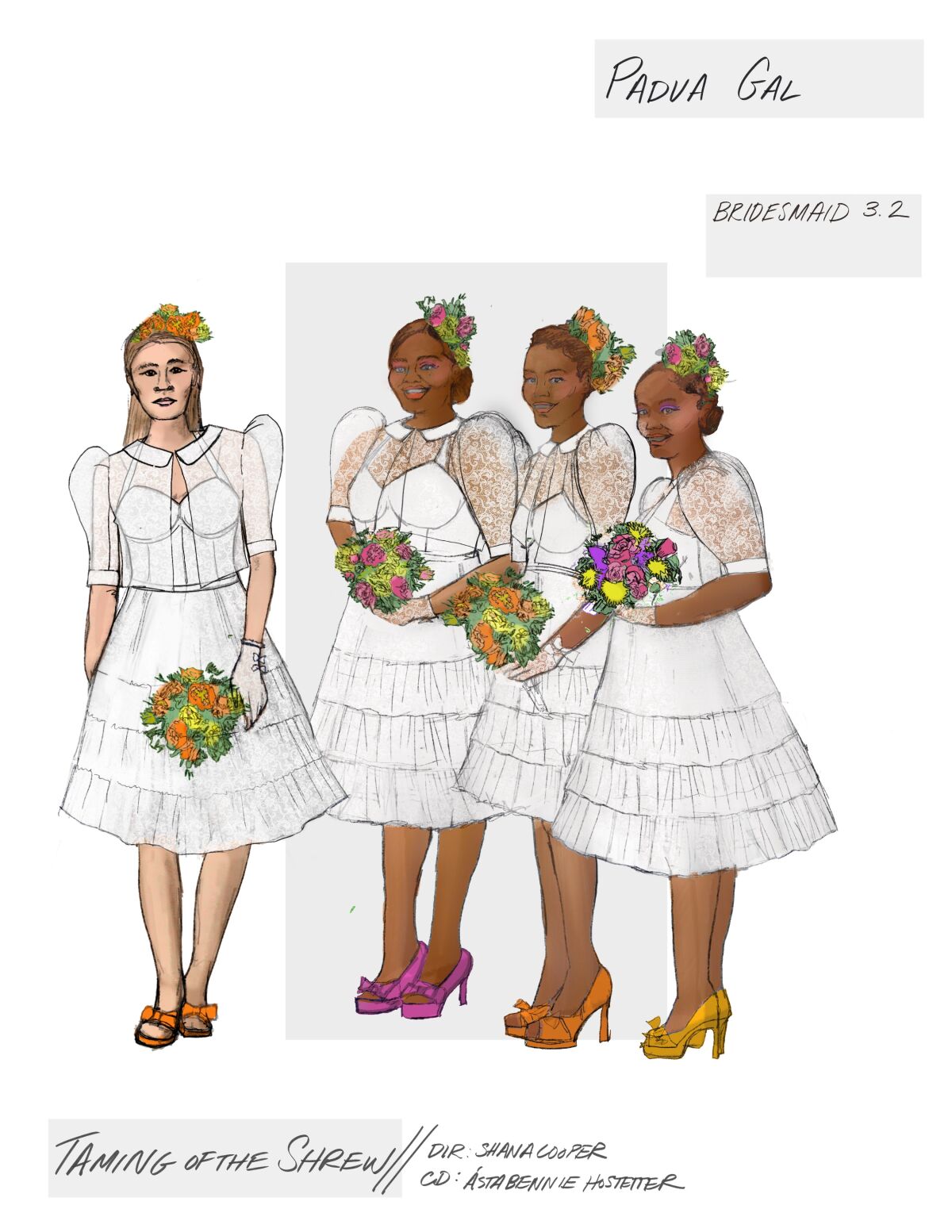 A sketch of bridesmaid dress by costume designer Asta Hostetter for "The Taming of the Shrew."