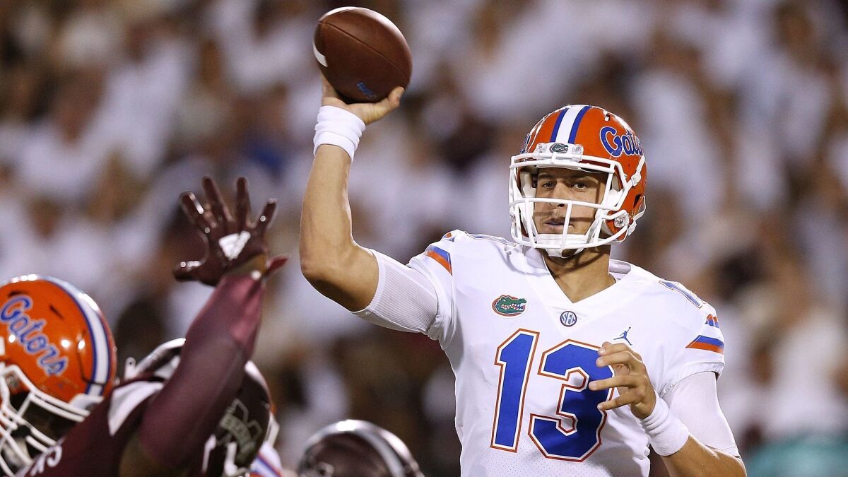 Florida quarterback Feleipe Franks throws the ball during the second half against Mississippi State Bulldogs on Sept. 29.