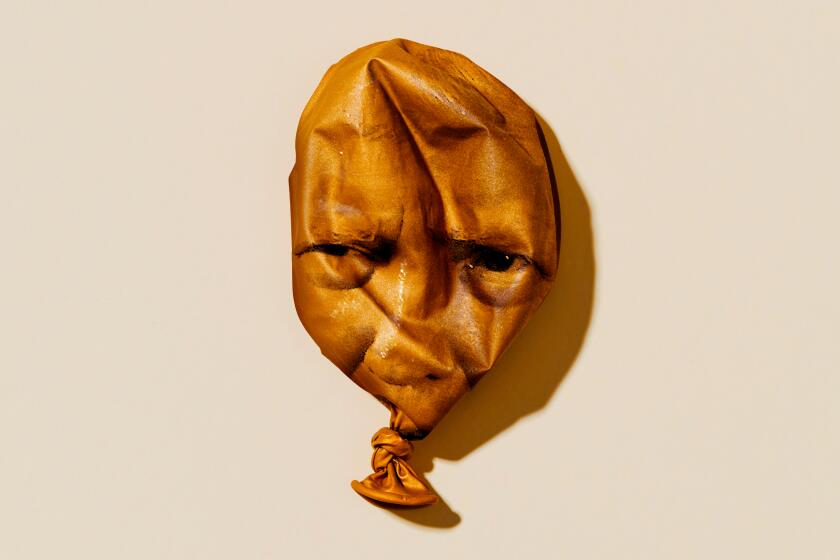 Photo illustration of a deflated gold balloon with Donald Trump's face on it