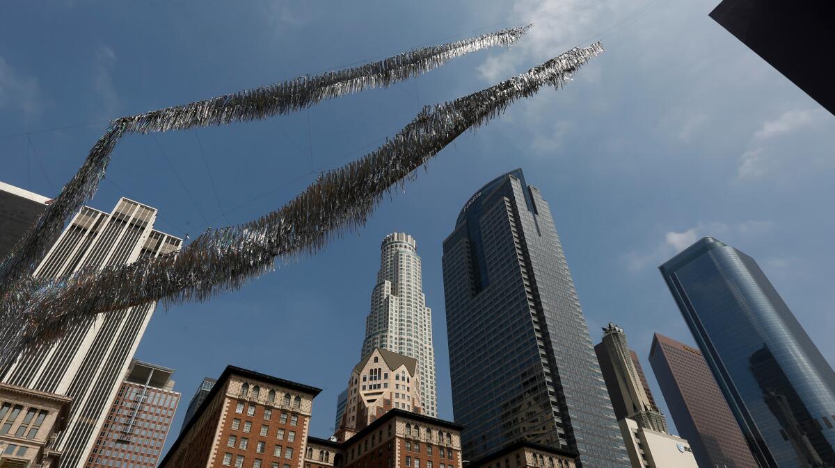 A view of downtown L.A. through artist Patrick Shearn's installation "The Liquid Shard," on view in August.