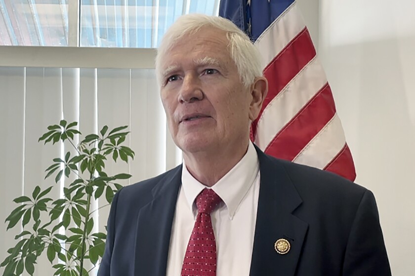 FILE - Rep. Mo Brooks, R-Ala., speaks with reporters hours after former President Donald Trump rescinded his endorsement of Brooks in Alabama's Republican primary for Senate, dealing a major blow to the congressman's campaign, March 23, 2022 in Hueytown, Ala. The congressional committee investigating the U.S. Capitol insurrection has requested for three more House Republicans to come in and testify. The requests to Reps. Andy Biggs, Mo Brooks and Ronny Jackson come weeks after investigators revealed new evidence of their involvement in former President Donald Trump’s desperate attempt to stay in power. (AP Photo/Kimberly Chandler, File)