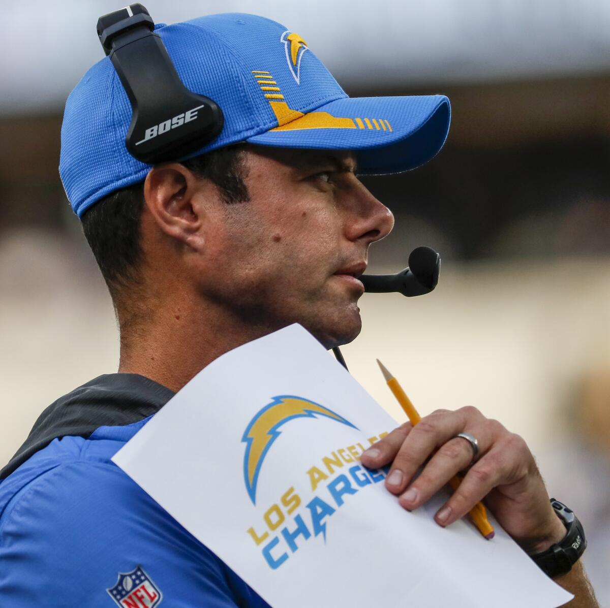 Chargers coach Brandon Staley watches from the sidelines during a game against the Minnesota Vikings in November 2021.