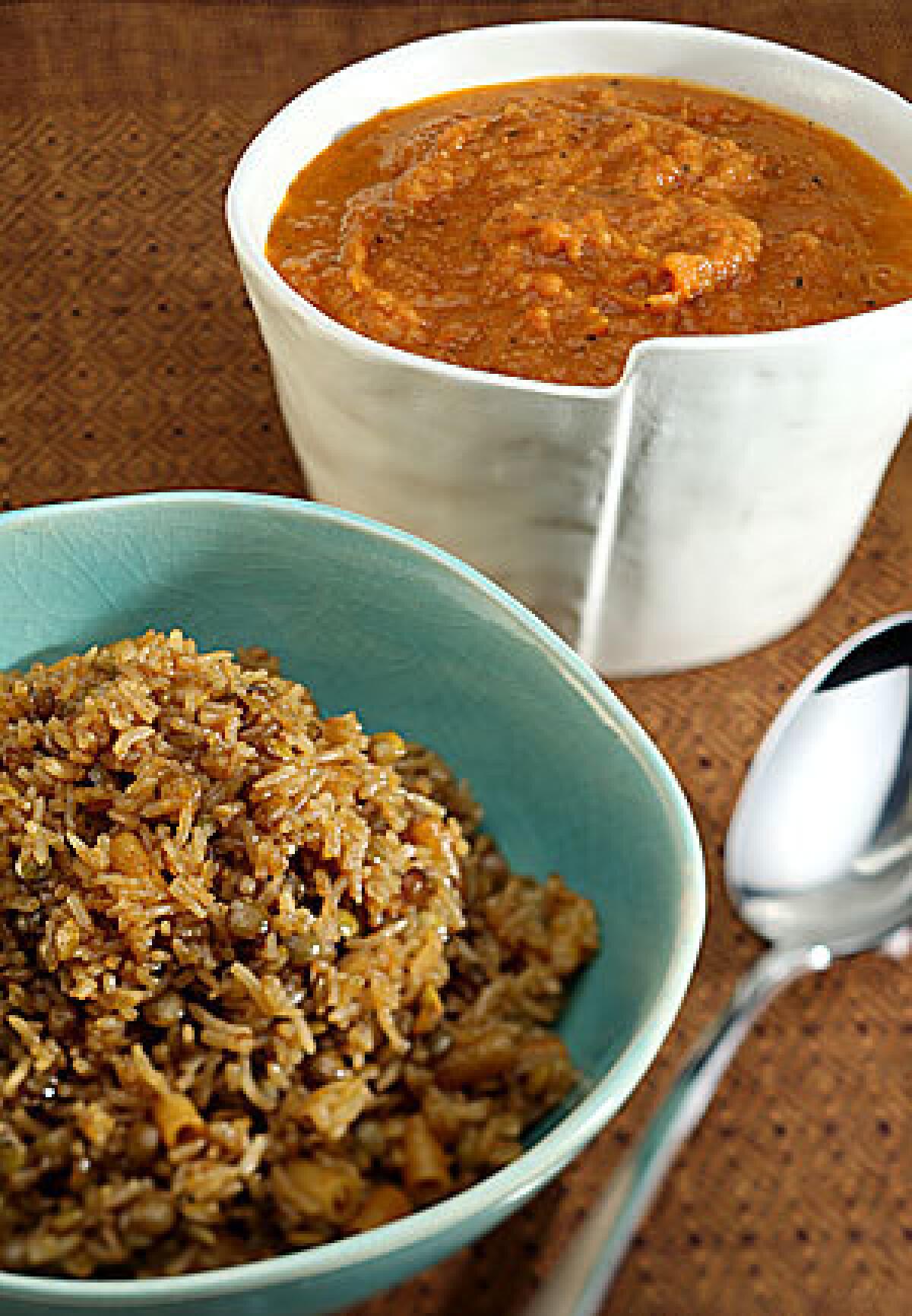 KUSHARY: This traditional dish is made with rice, lentils and pasta and topped with roasted tomatoes.