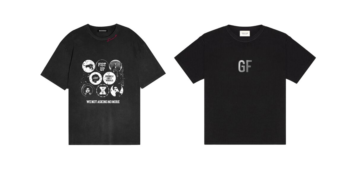 Composite of George Floyd tribute T-shirt by Renowned (left) and Fear of God (right).