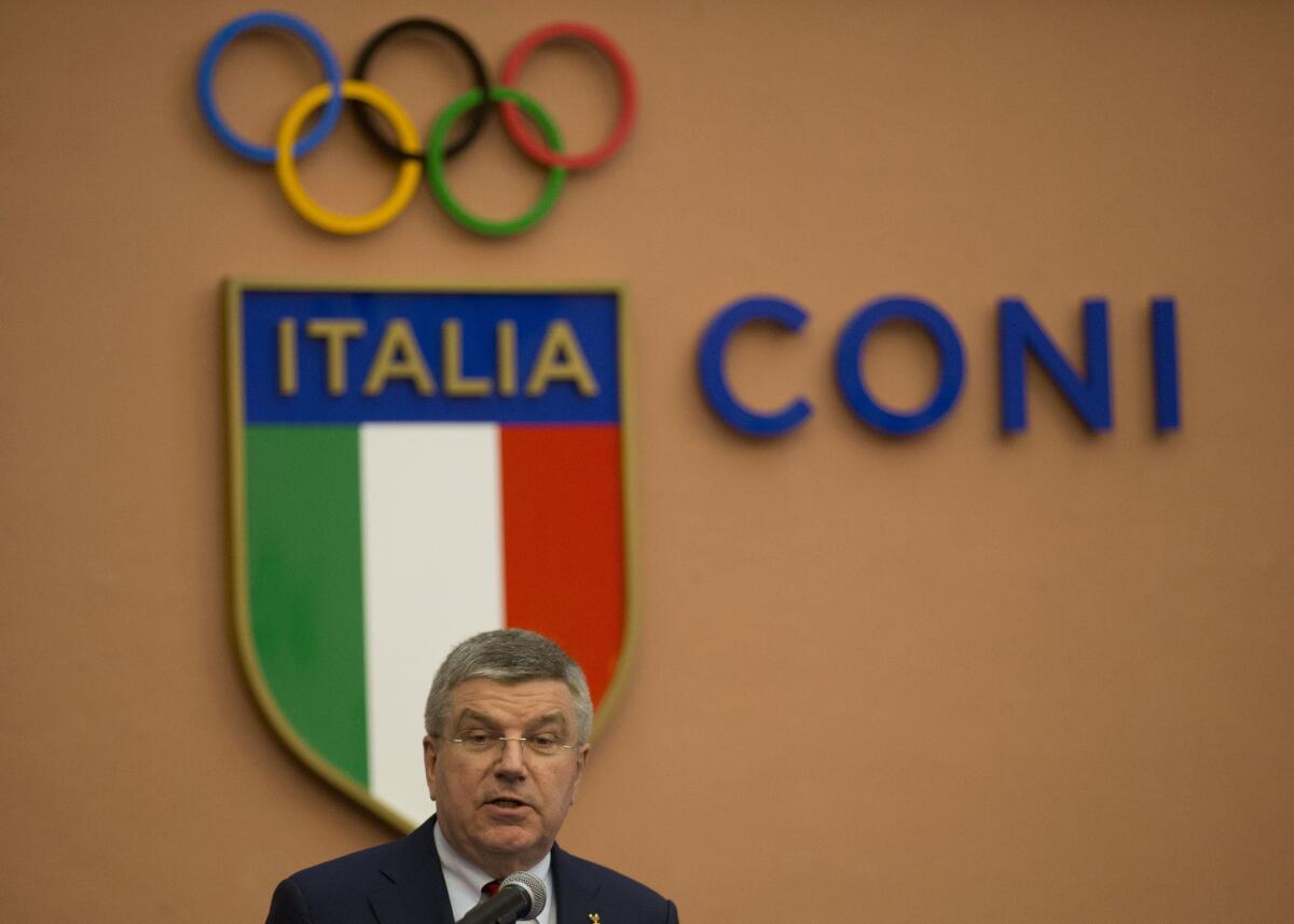 International Olympic Committee President Thomas Bach delivers a speech May 22 as he visits the Italian Olympic Committee headquarters in Rome.