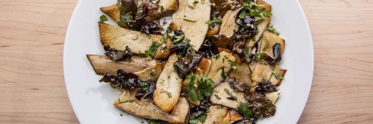 David Tanis' king oyster mushroom and wood ear mushroom salad with ingredients he bought at the Hollywood Farmers Market.
