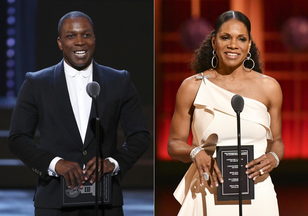 Leslie Odom Jr. and Audra McDonald separately present an award at the Tony Awards in New York