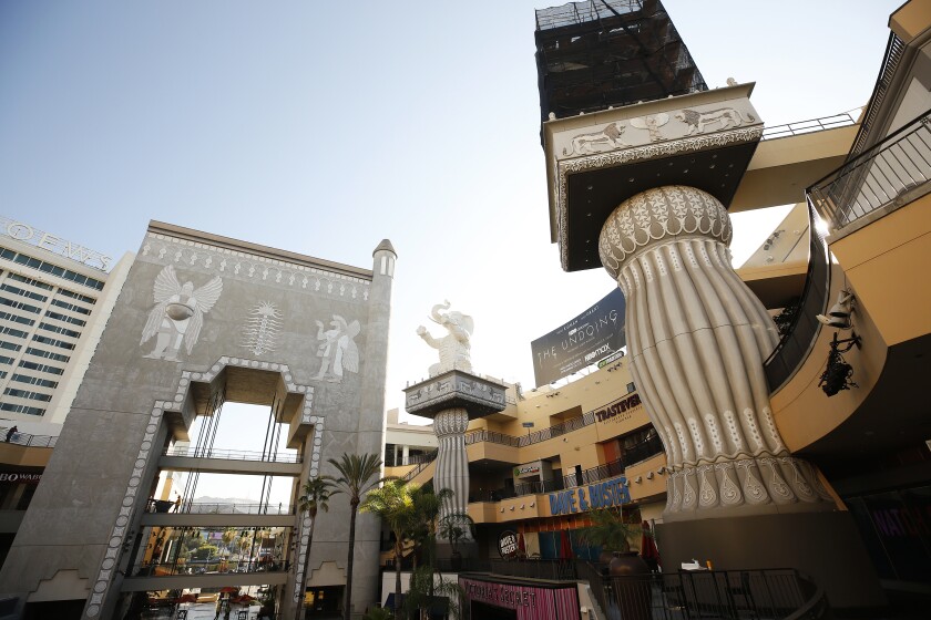 LOS ANGELES, CA - JULY 29: Work is underway on a $100 million makeover of the Hollywood & Highland shopping center in Hollywood that was completed in 2001. Real Estate private equity firm Gaw Capital USA with DJM, a private equity real estate developer unveiled their vision and plans for the famed shopping center at Hollywood & Highland which includes a major design update and new name as Ovation Hollywood. The notable giant elephants that reference the Babylon set of D.W. Griffith's 1916 movie "Intolerance" and other Babylonian themed elements are being removed, in part because Griffith in now more widely regarded as a racist who encouraged the growth of the Ku Klux Klan. Hollywood on Thursday, July 29, 2021 in Los Angeles, CA. (Al Seib / Los Angeles Times).