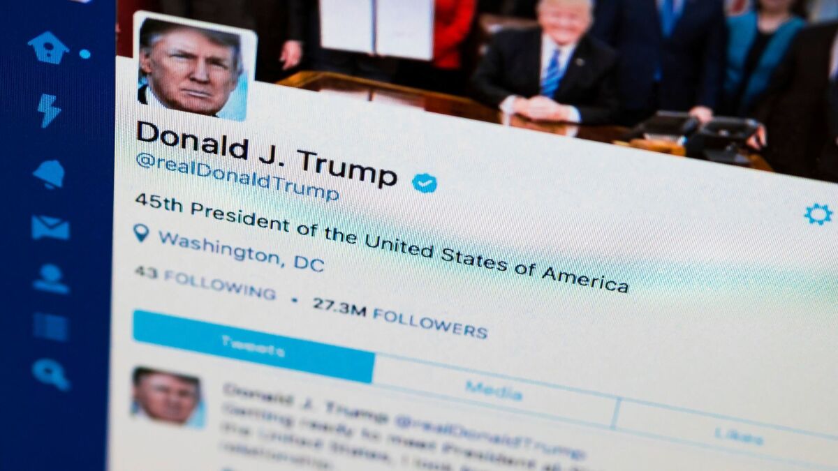 President Donald Trump's tweeter feed, photographed on a computer screen on April 3.