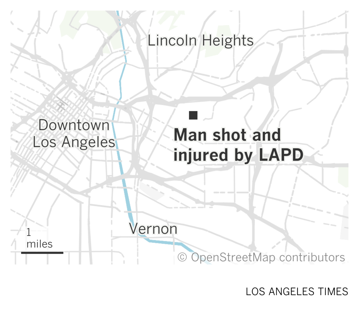 A map of Los Angeles' Eastside shows where a man was shot and injured by police in Boyle Heights