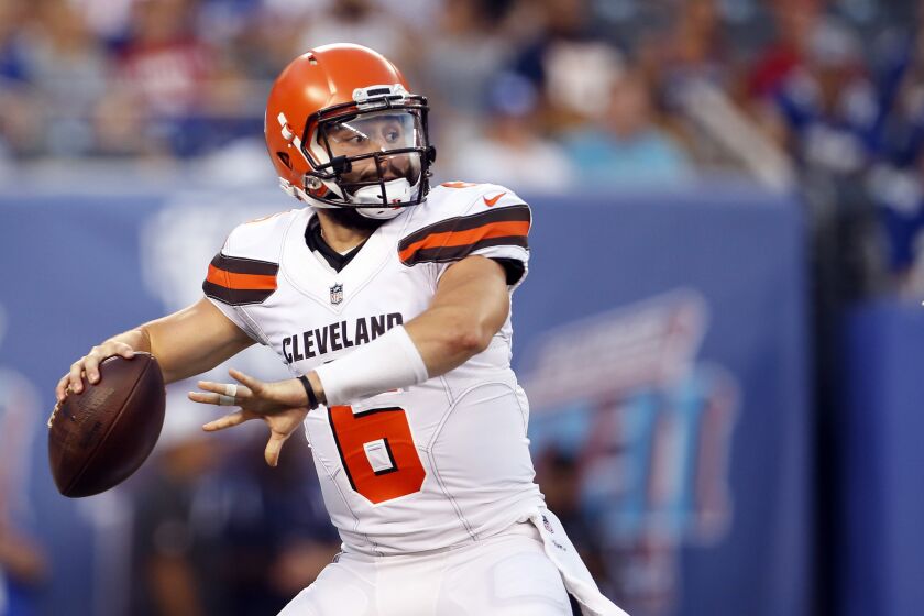 Cleveland Browns quarterback Baker Mayfield (6) in action during a preseason NFL football game against the New York Giants on Thursday, Aug. 9, 2018, in East Rutherford, N.J. (AP Photo/Adam Hunger)