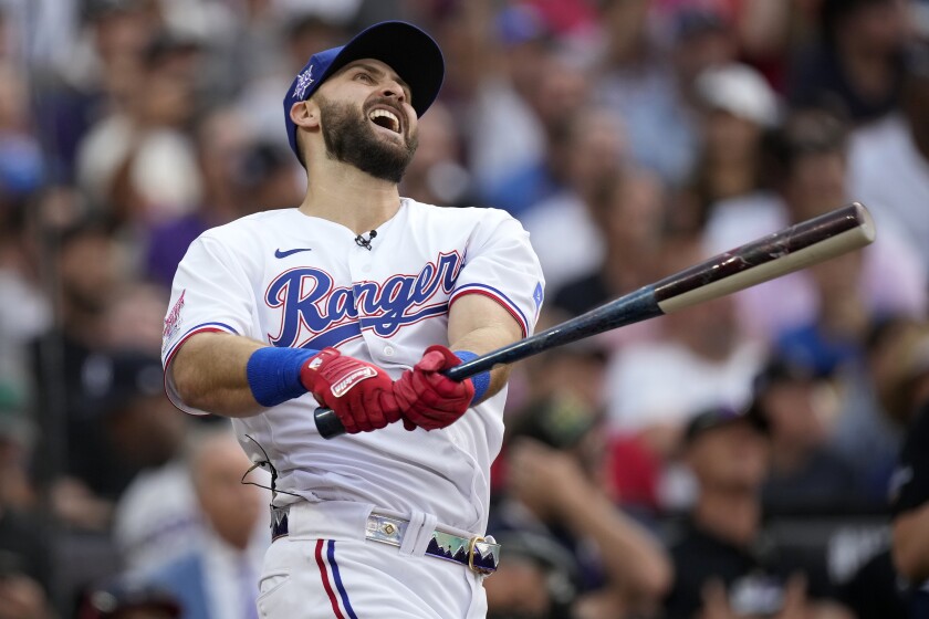 American League's Joey Gallo, of the Texas Rangers, hits during the first round of the MLB All Star baseball Home Run Derby, Monday, July 12, 2021, in Denver. (AP Photo/David Zalubowski)