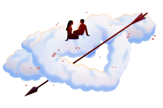 A woman and man sit on a heart-shaped cloud being pierced by an arrow.