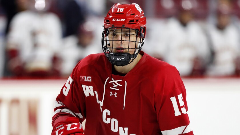 Wisconsin’s Alex Turcotte during an NCAA hockey game