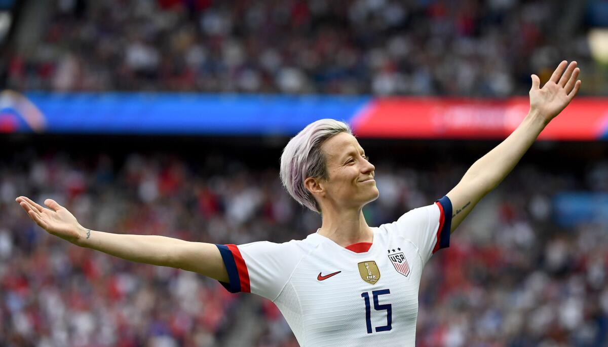 U.S. forward Megan Rapinoe celebrates after scoring against France during a Women's World Cup quarterfinal match in Paris on June 28.