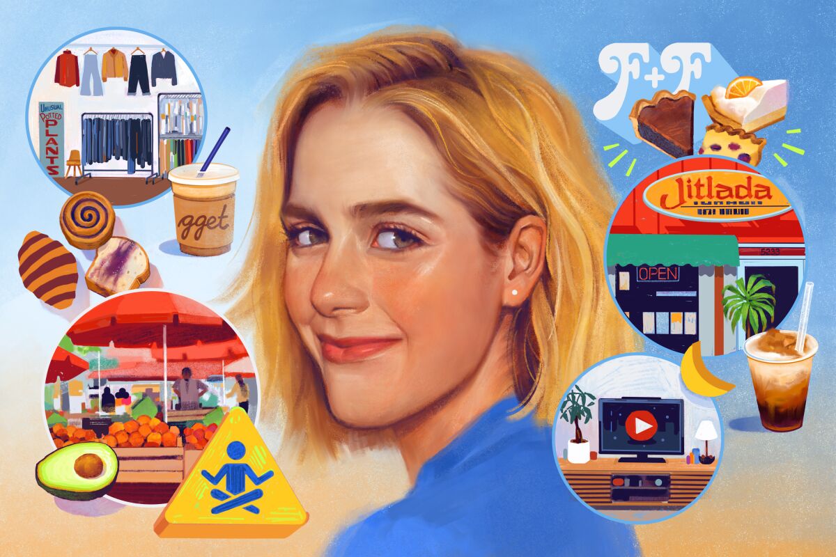 Digital painting of Kiernan Shipka with iced coffee, pastries, Jitlada, a farmers market, meditation and an avocado