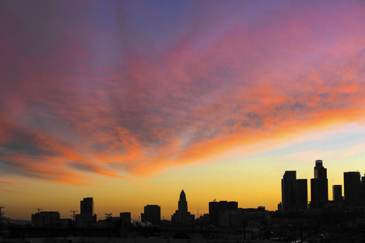 Sunset above downtown L.A. on Jan. 28. As of Friday afternoon, downtown had recorded 6.54 inches of rain, 91% of average.