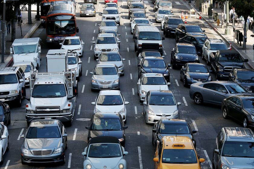 LOS ANGELES, CALIF. - JUNE 29, 2016. Motor traffic backs up along 5th Streeet in downtown Los Angeles on Wednesday, June 29, 2016. (Luis Sinco/Los Angeles Times)