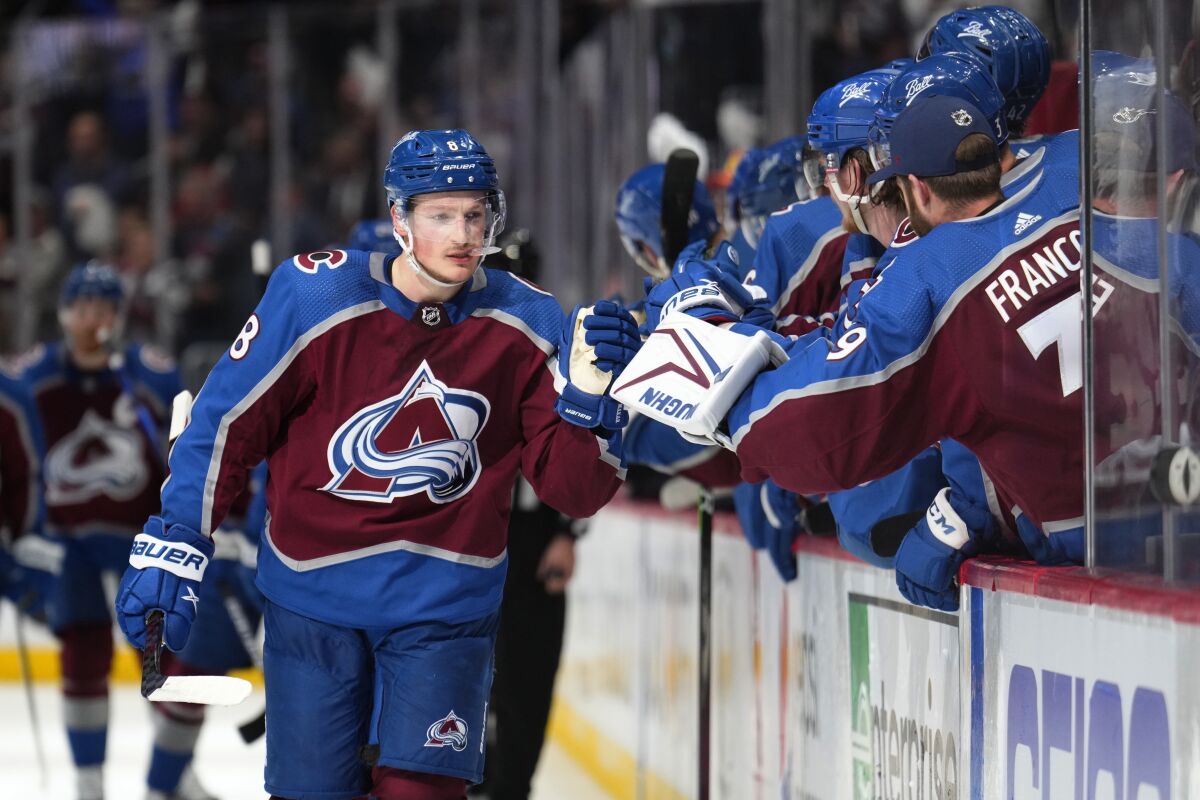 Avalanche defenseman Cale Makar is congratulated after scoring against the Oilers on May 31, 2022.