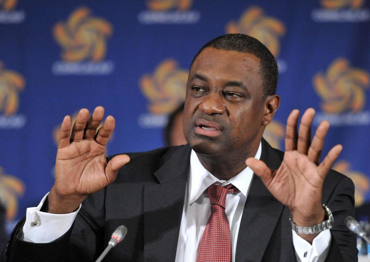 Then-CONCACAF President Jeffrey Webb speaks in Budapest, Hungary on May 23, 2012.