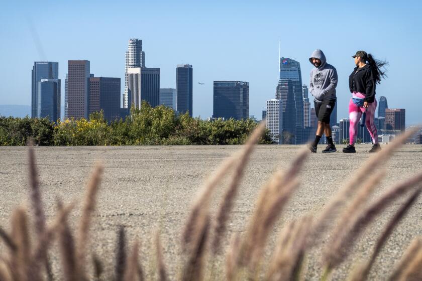 LOS ANGELES, CA- APRIL 06: Clear skies and sunny, spring weather returned to the Southland as seen from Elysian Park on Saturday, April 6, 2024. More sunshine and warmer temperatures are expected in the coming days. (Myung J. Chun / Los Angeles Times)