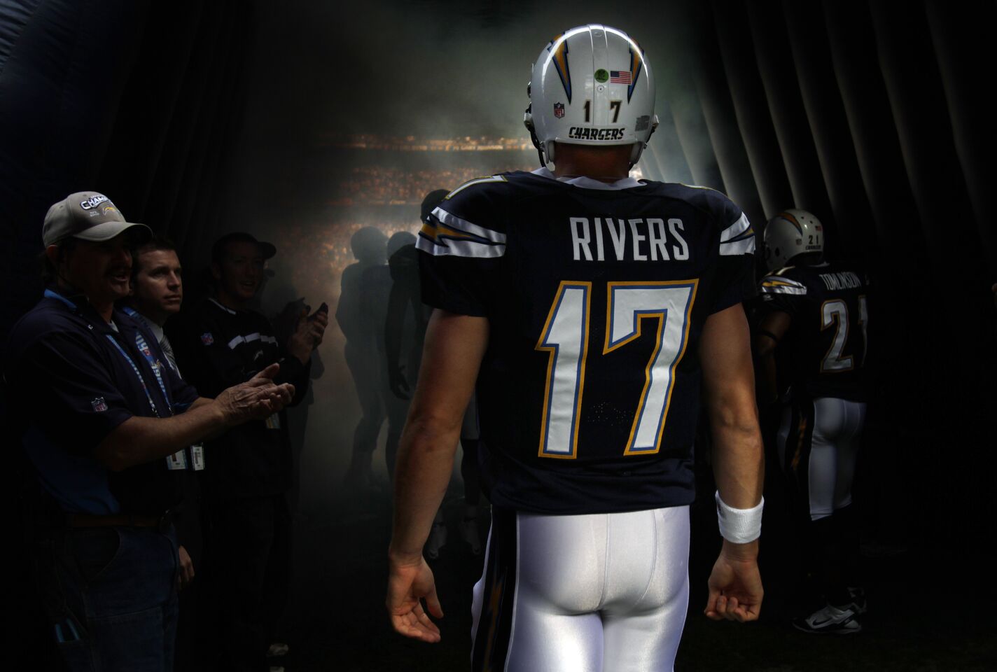 Chargers Philip Rivers waits to be introduced before a game against the Jets game at Qualcomm Stadium on Sunday, Jan. 17, 2010.
