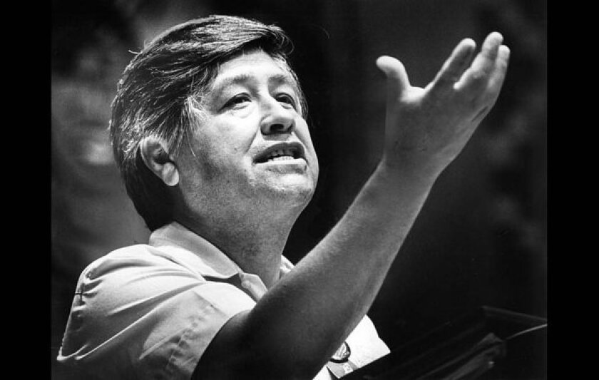Cesar Chavez speaks at the United Farm Workers political endorsement conference held at Trade Tech College in Los Angeles on Sept. 7, 1980.