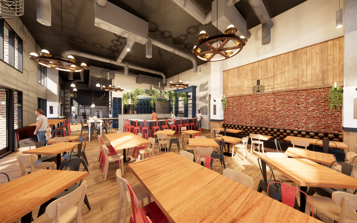 A rendering of Cardellino, which is slated to open in Mission Hills in January, has an eclectic decor that includes wagon wheel light fixtures and casual seating. 