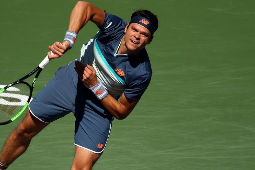 INDIAN WELLS, CALIFORNIA - MARCH 14: Milos Raonic of Canada serves against Miomir Kecmanovic of Serbia during their men's singles quarter final match on day eleven of the BNP Paribas Open at the Indian Wells Tennis Garden on March 14, 2019 in Indian Wells, California. (Photo by Clive Brunskill/Getty Images) ** OUTS - ELSENT, FPG, CM - OUTS * NM, PH, VA if sourced by CT, LA or MoD **