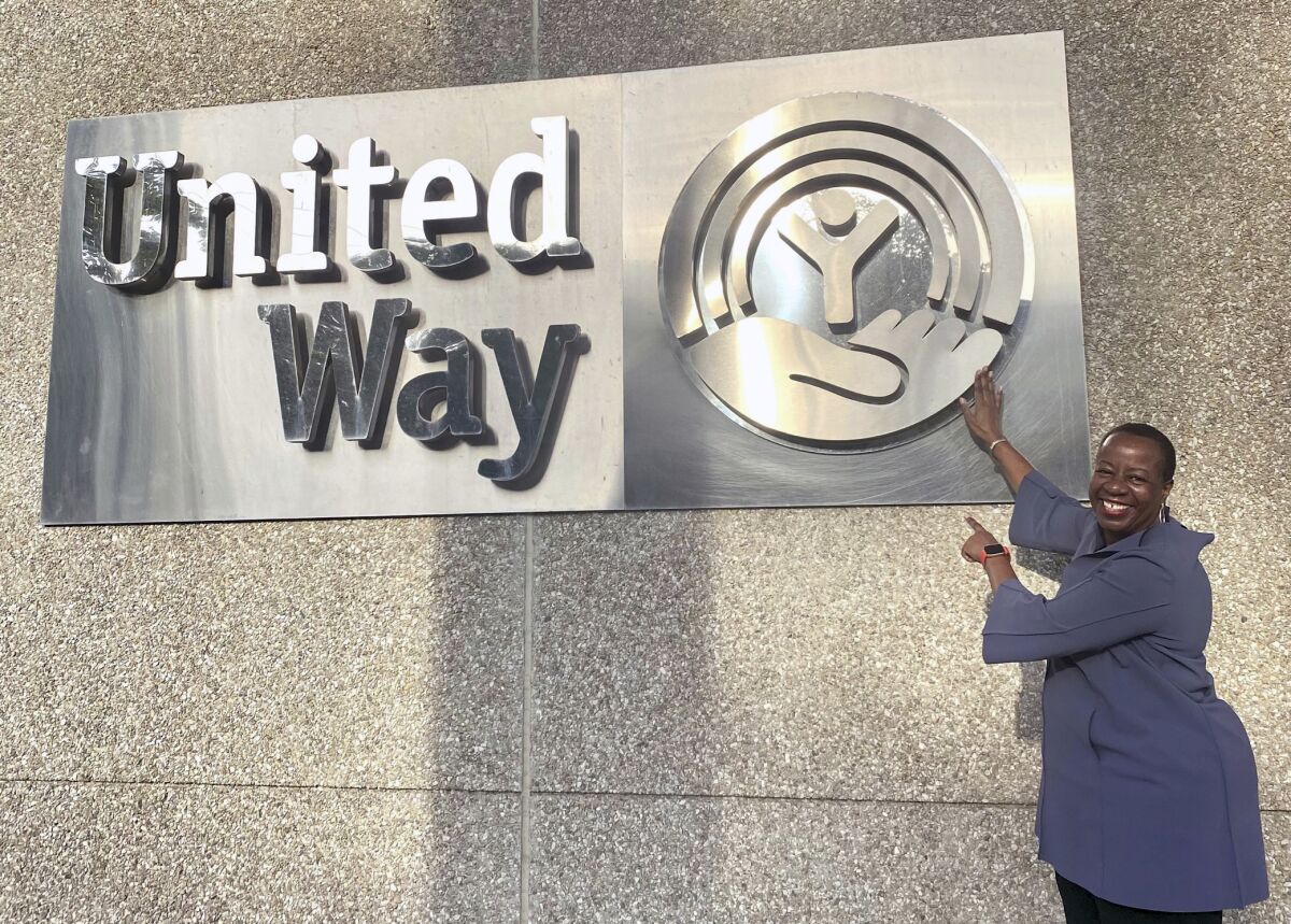 United Way Worldwide CEO Angela Williams poses outside the nonprofit network's headquarters on Oct. 15, 2021. Williams has taken the helm of the nation’s largest charity with a powerhouse resume behind her — and a long list of challenges in front of her.(United Way Worldwide via AP)
