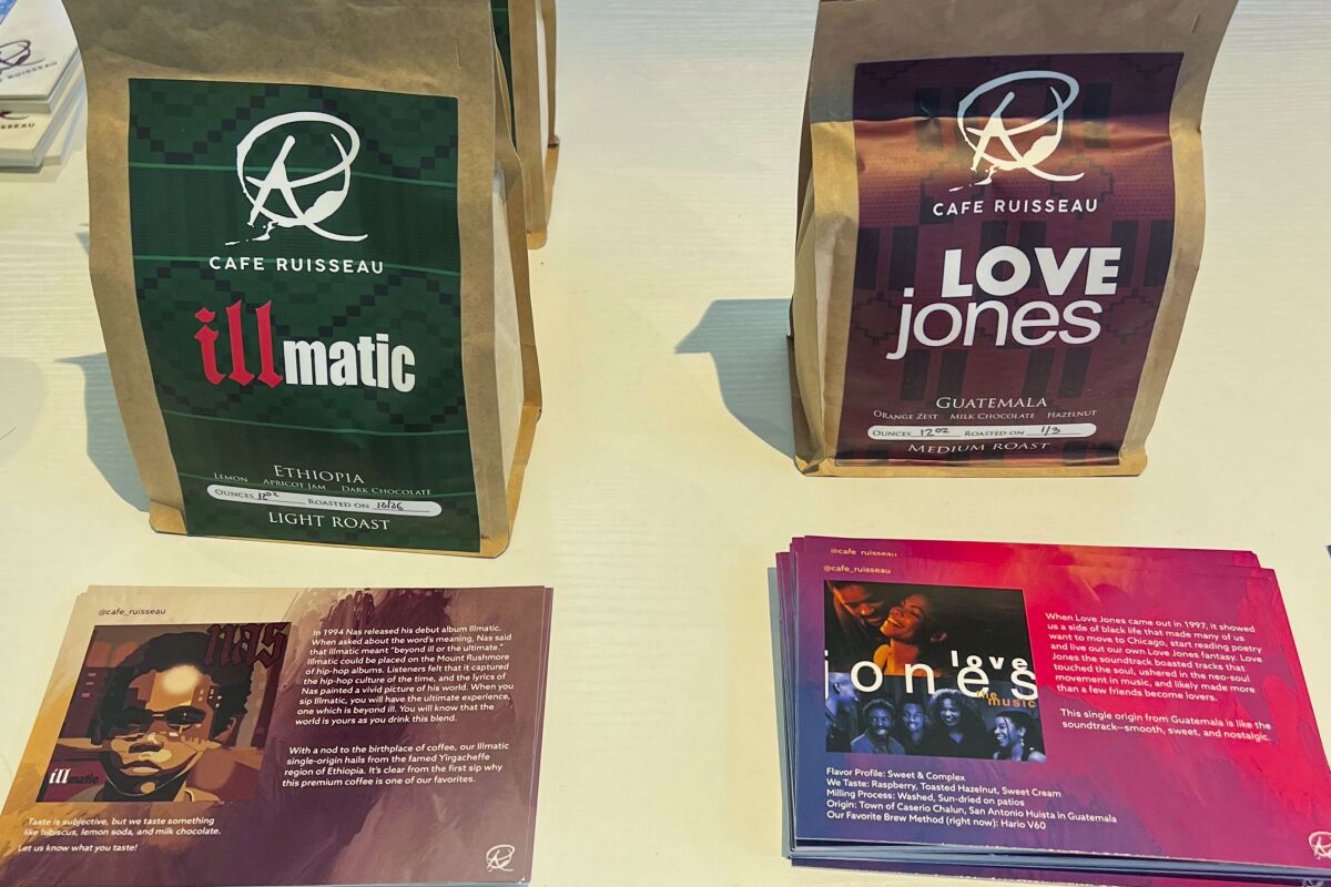 Cafe Ruisseau's bags of whole coffee beans in Illmatic and Love Jones varieties