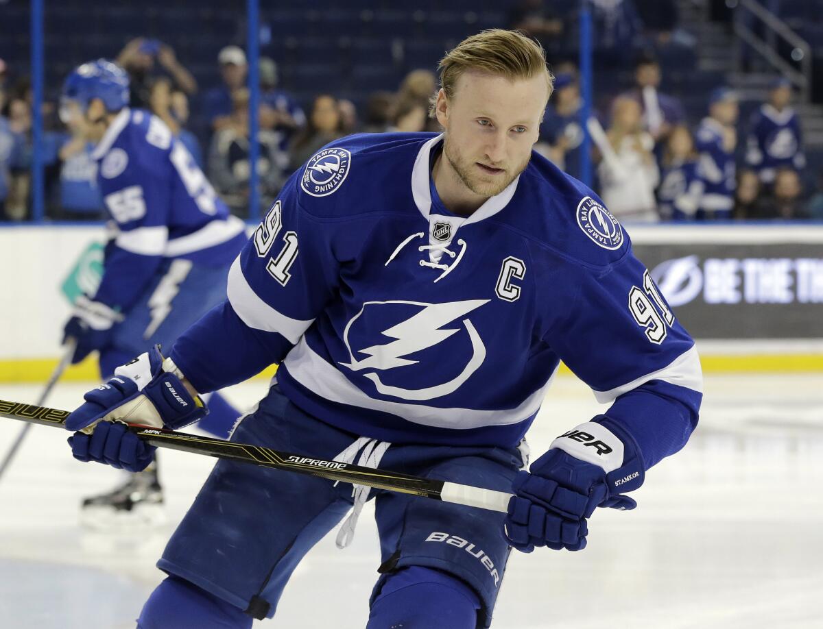 Lightning center Steven Stamkos (91) warms up before a game. Could he be sporting a different blue uniform in the future?