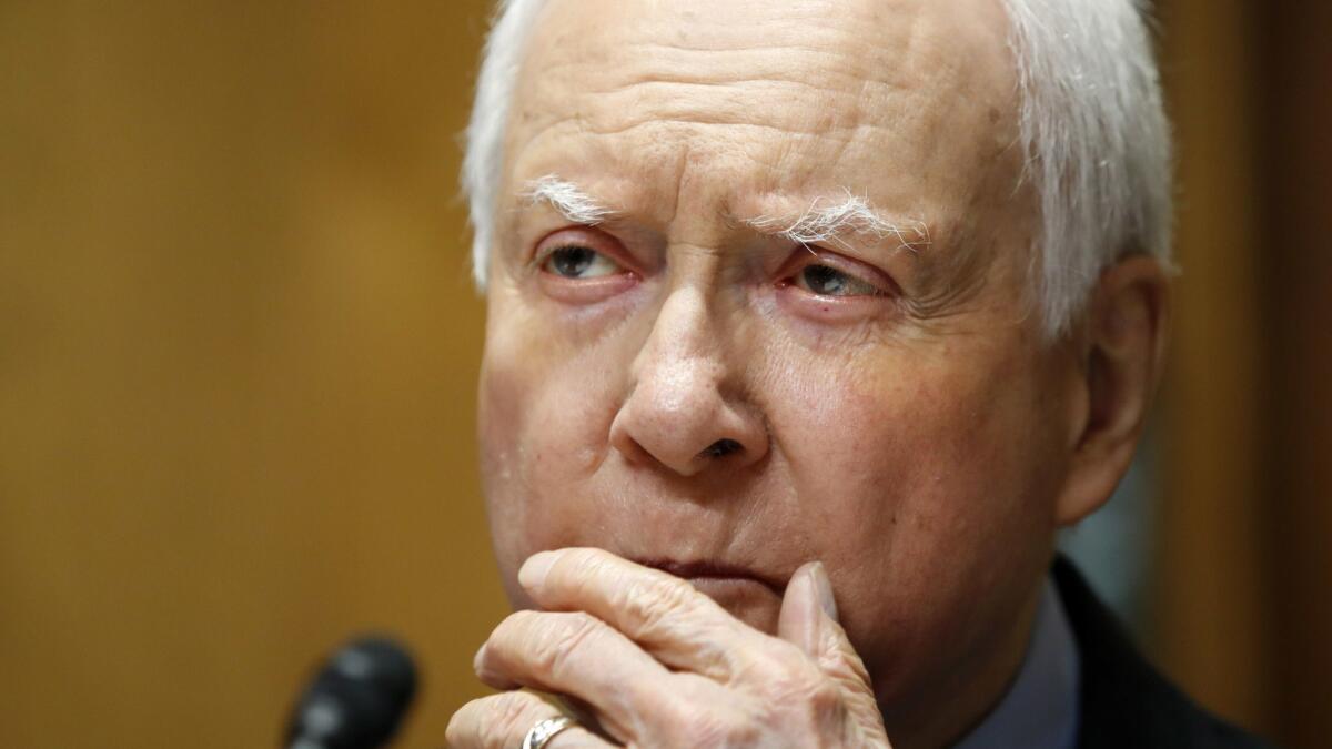 Senate Finance Committee Chairman Orrin G. Hatch (R-Utah) during a hearing on tariffs.