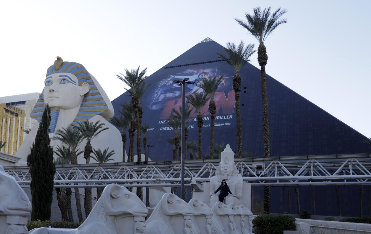 A view of the Luxor Hotel, shaped like a pyramid and fronted by a Sphinx, in Las Vegas