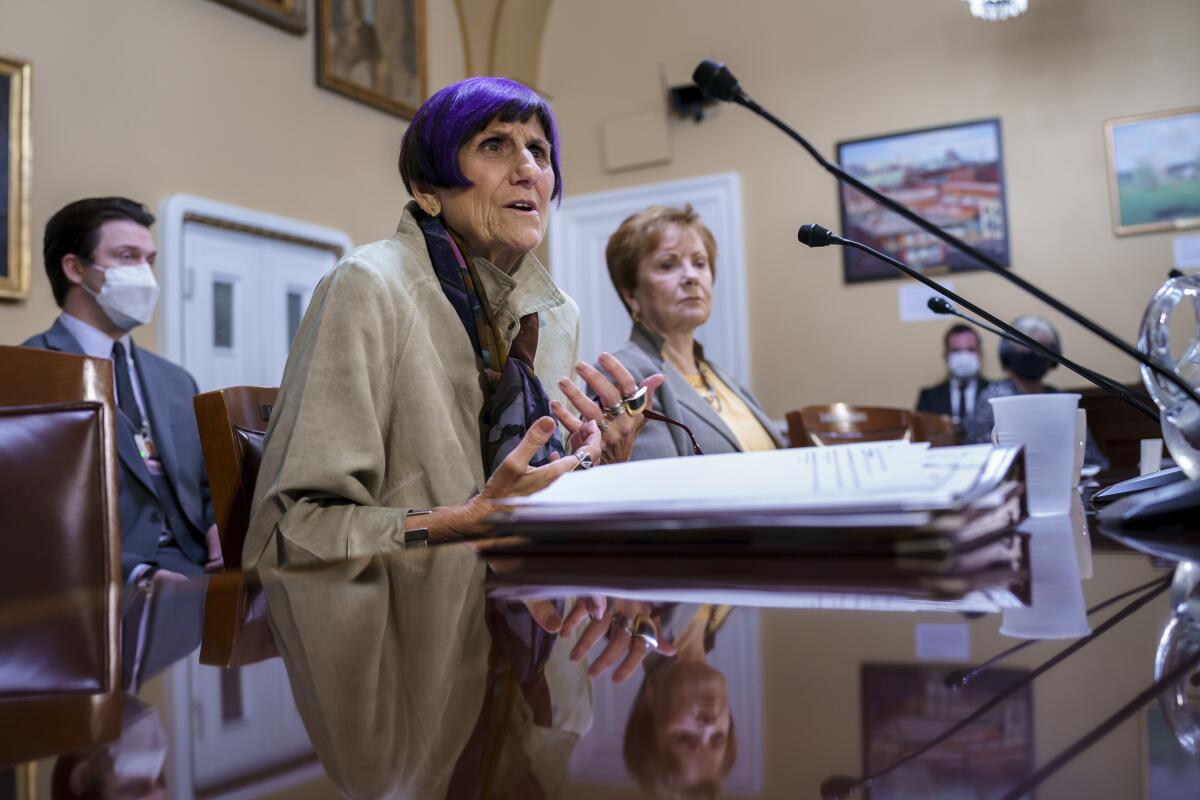Rosa DeLauro, D-Conn., left, joined by Rep. Kay Granger, R-Texas, appear before the House Rules Committee