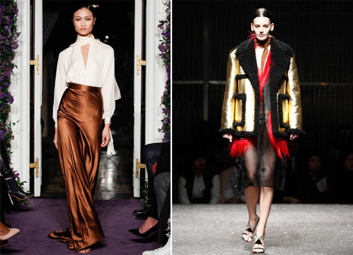 Left, Juan Carlos Obando silk georgette sash blouse and silk charmeuse skirt with train. Right, Prada brushed leather and shearling coat, organza dress, slip, and silk scarf.