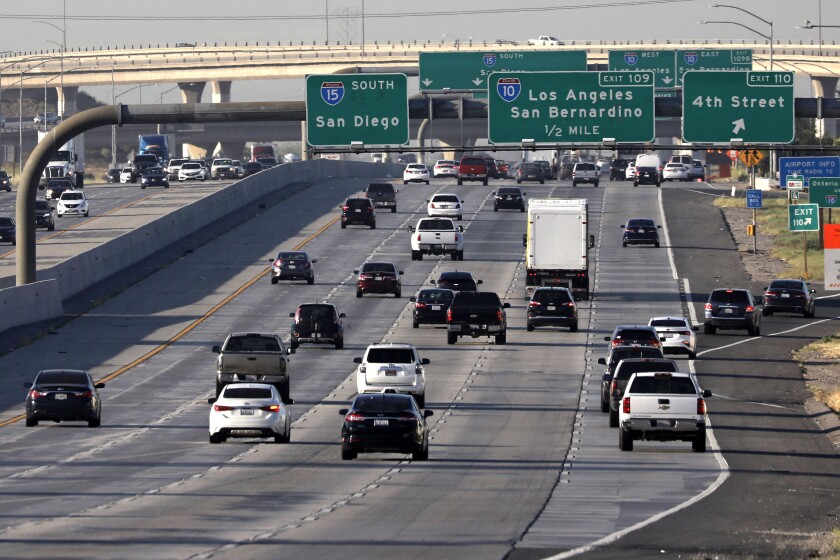 The morning commute on the southbound 15 Freeway in Ontario was slightly busier May 8 than in prior weeks.