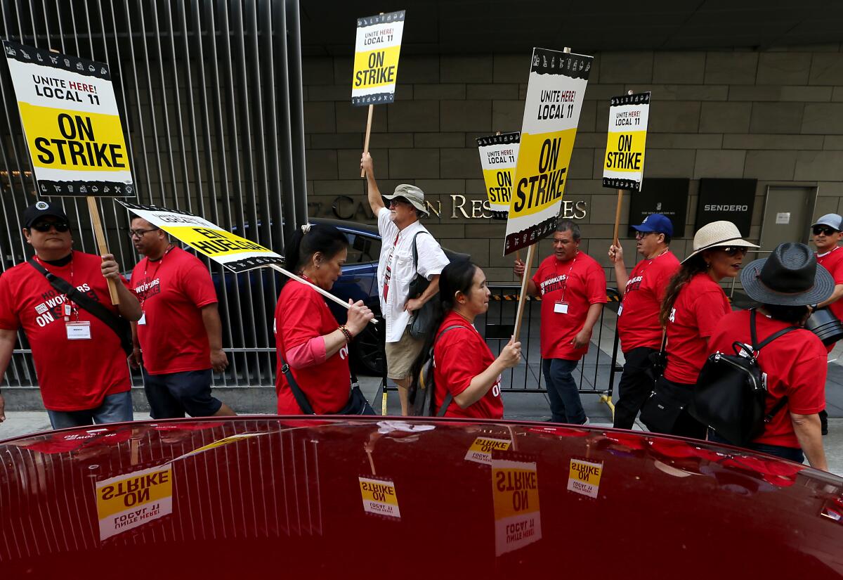 Union members hold picket signs