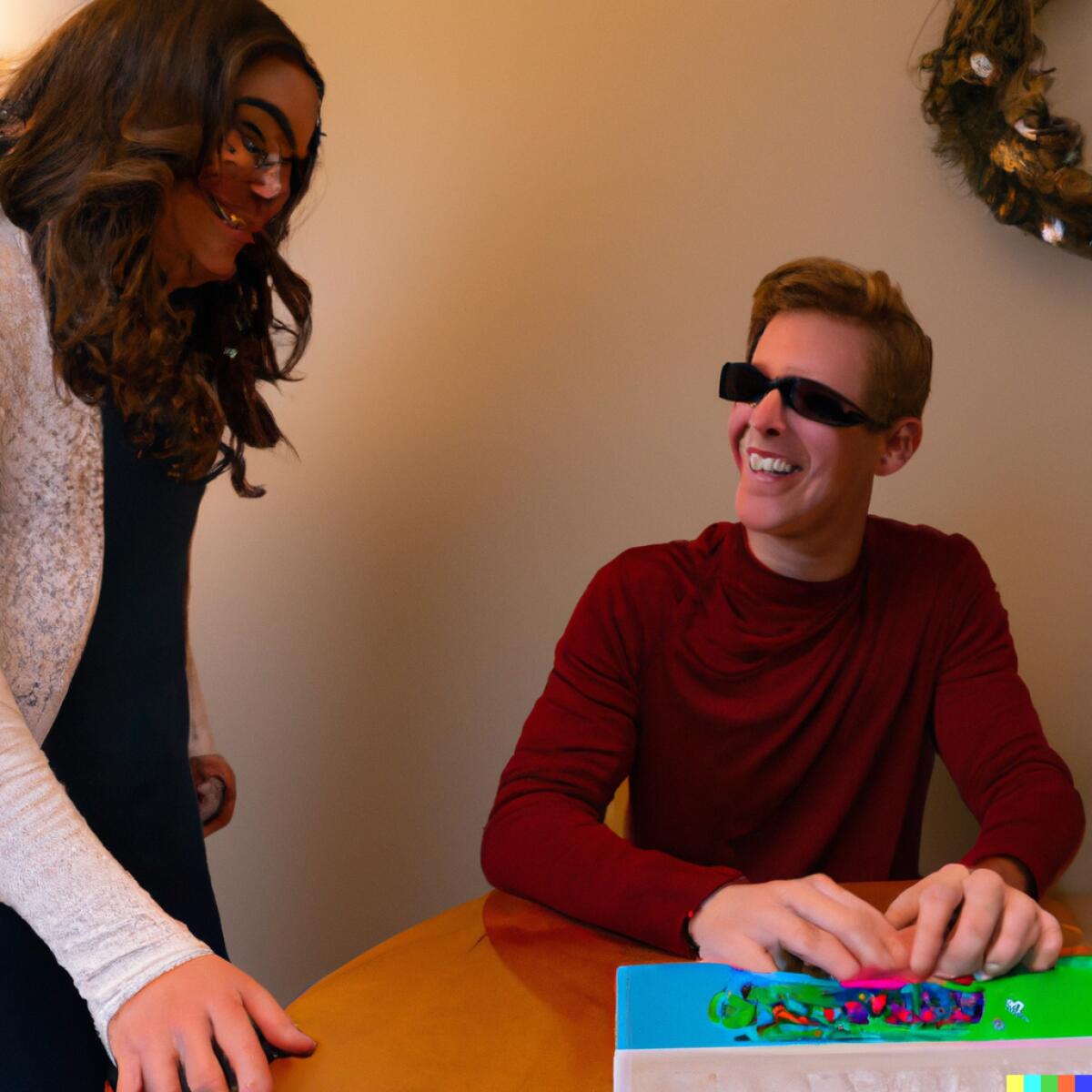 a woman standing next to a man wearing sunglasses and sitting at a table