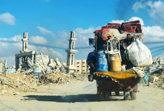 A trailer holds the possesions of Mohammad Abu Warda's family.