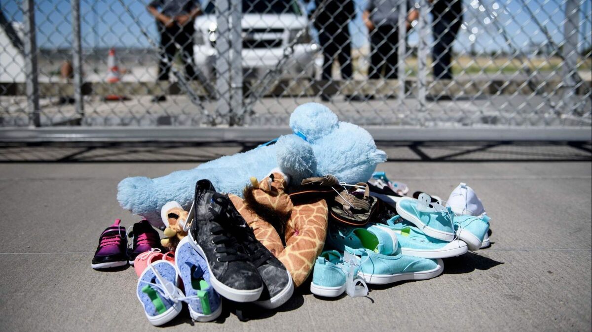 Shoes and toys left by migrants at the Tornillo Port of Entry in Tornillo, Texas.