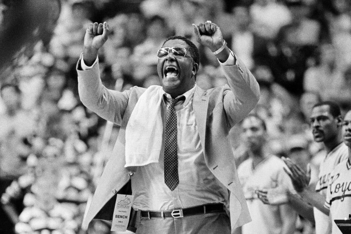 Georgetown coach John Thompson shouts to his players during the Hoyas' NCAA semifinal game on March 30, 1985