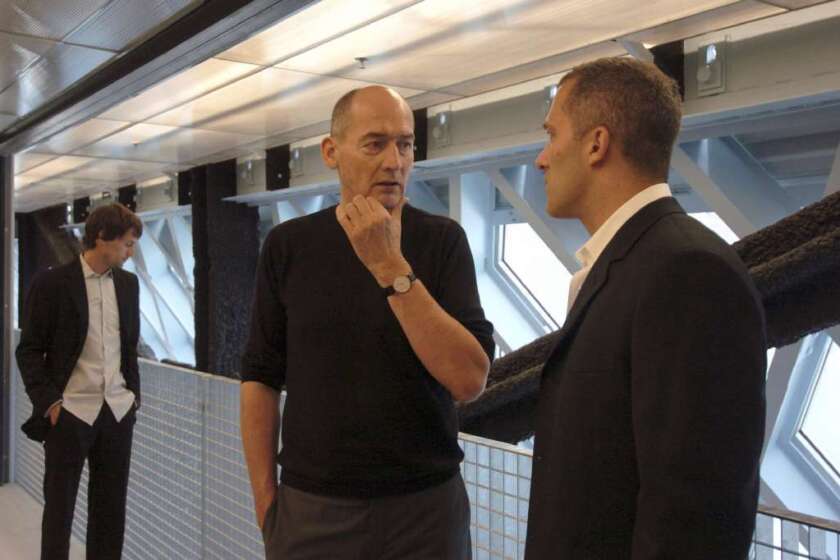 Rem Koolhaas, left, and Joshua Ramus of the Office for Metropolitan Architecture at the Central Library in Seattle in 2004.